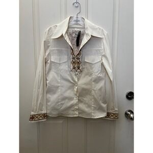 Alexandra Rosati Cream Beaded Embroidered Lace Back Button Down Shirt Womens